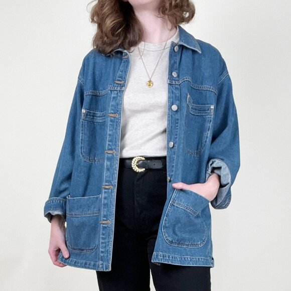 Vintage Denim Barn Coat Field Farm Utility Jean Jacket Oversized Coastal Cowgirl - Picture 1 of 7